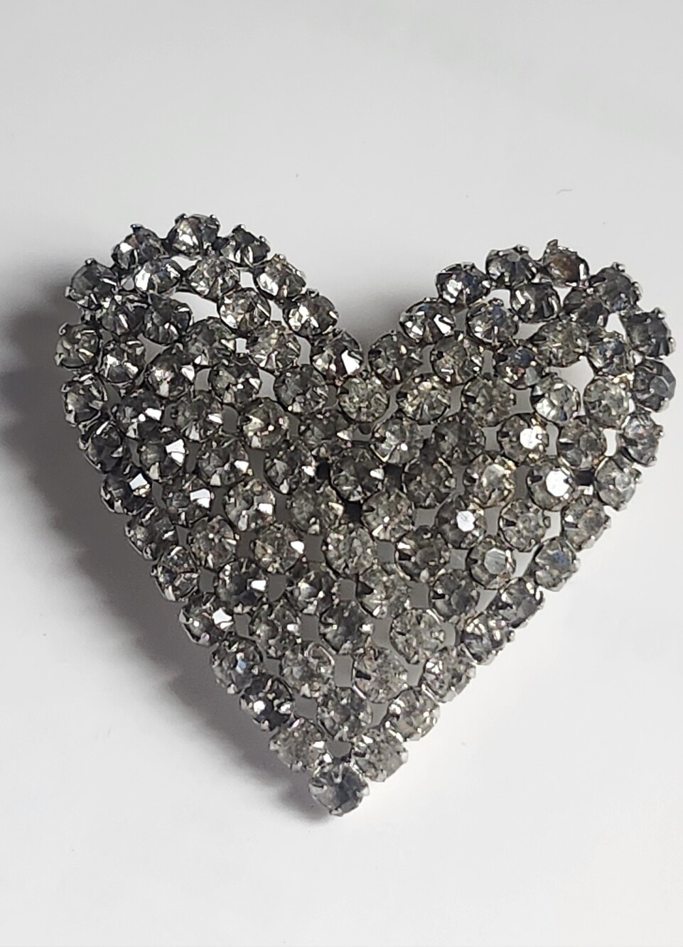 Vtg MCM Garne Jewelry Rhinestone Heart Brooch - Silver Sparkle